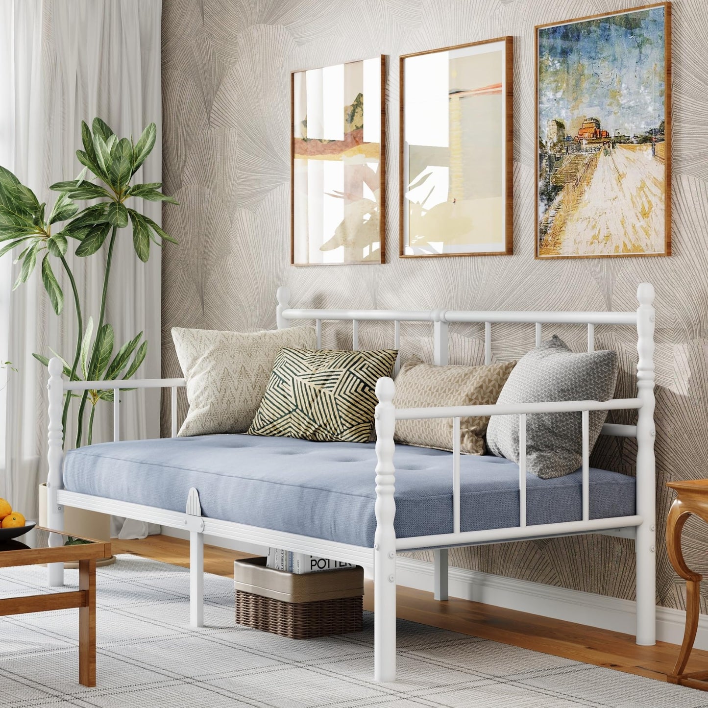 QFtime Single Metal Day Bed Frame - Day Bed Frame with Headboard and Steel Slat Support Underbed Storage Easy Assembly, Noise Free White