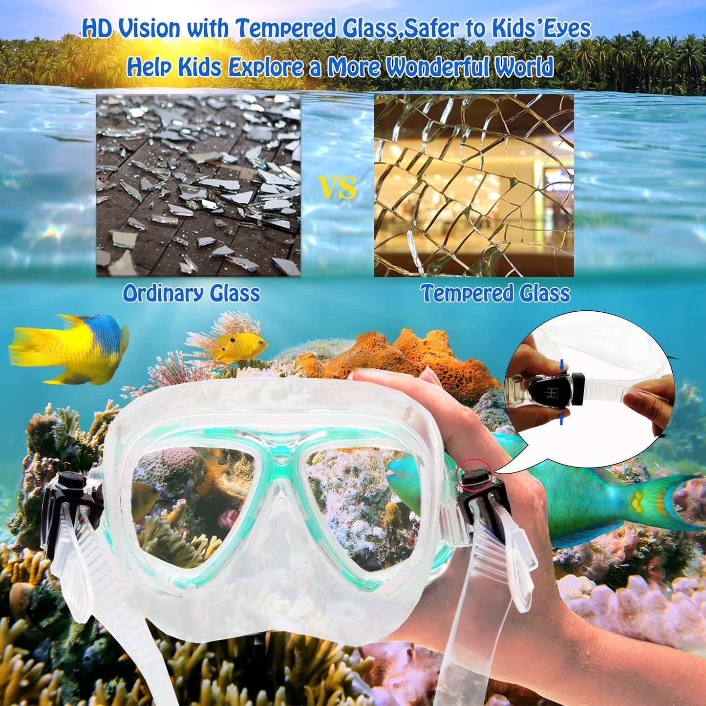Kids Mask Snorkeling Set with Fins Anti Leak Snorkeling Gear for Kids with Adjustable Flippers, Youth Junior Full Dry Snorkel Set Swimming Goggles