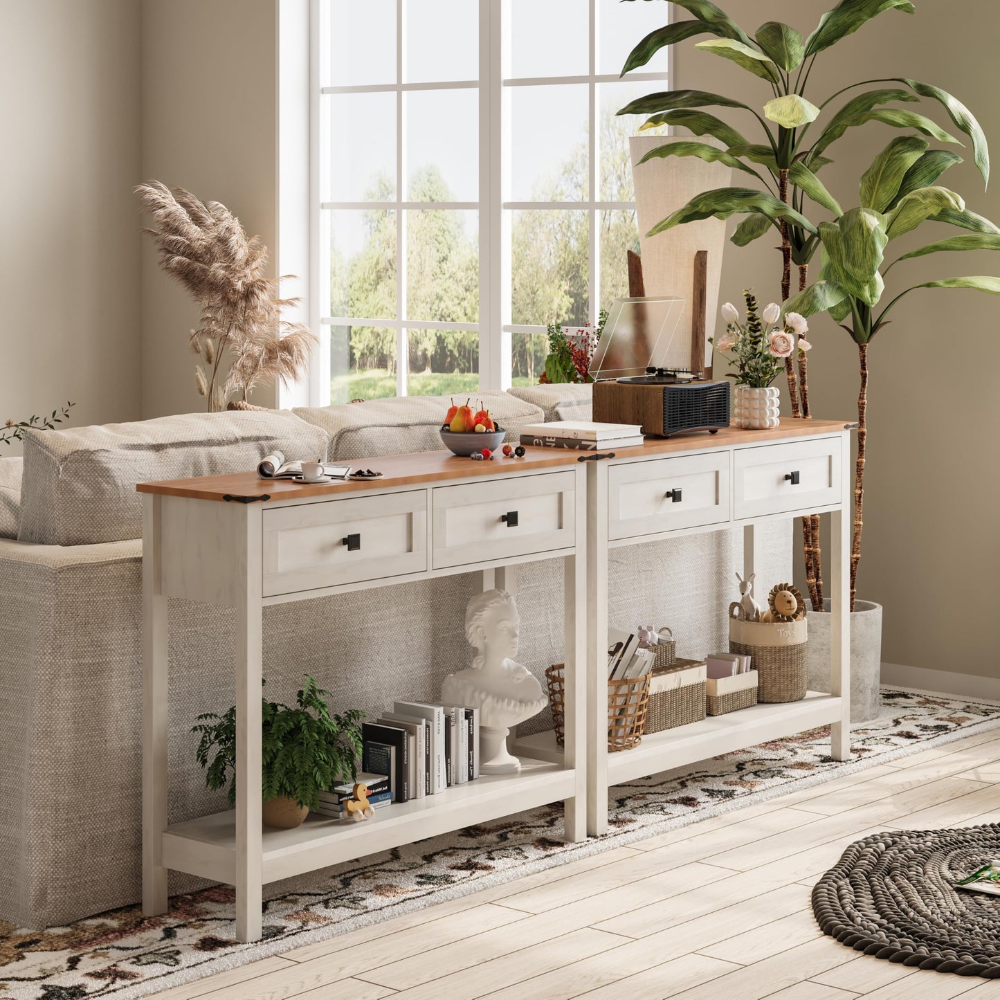 Trironsun Farmhouse Console Table with 2 Drawers for Entryway Rustic Hallway Table with Wooden Frame and Open Storage Shelf Sofa Table for Bedroom or