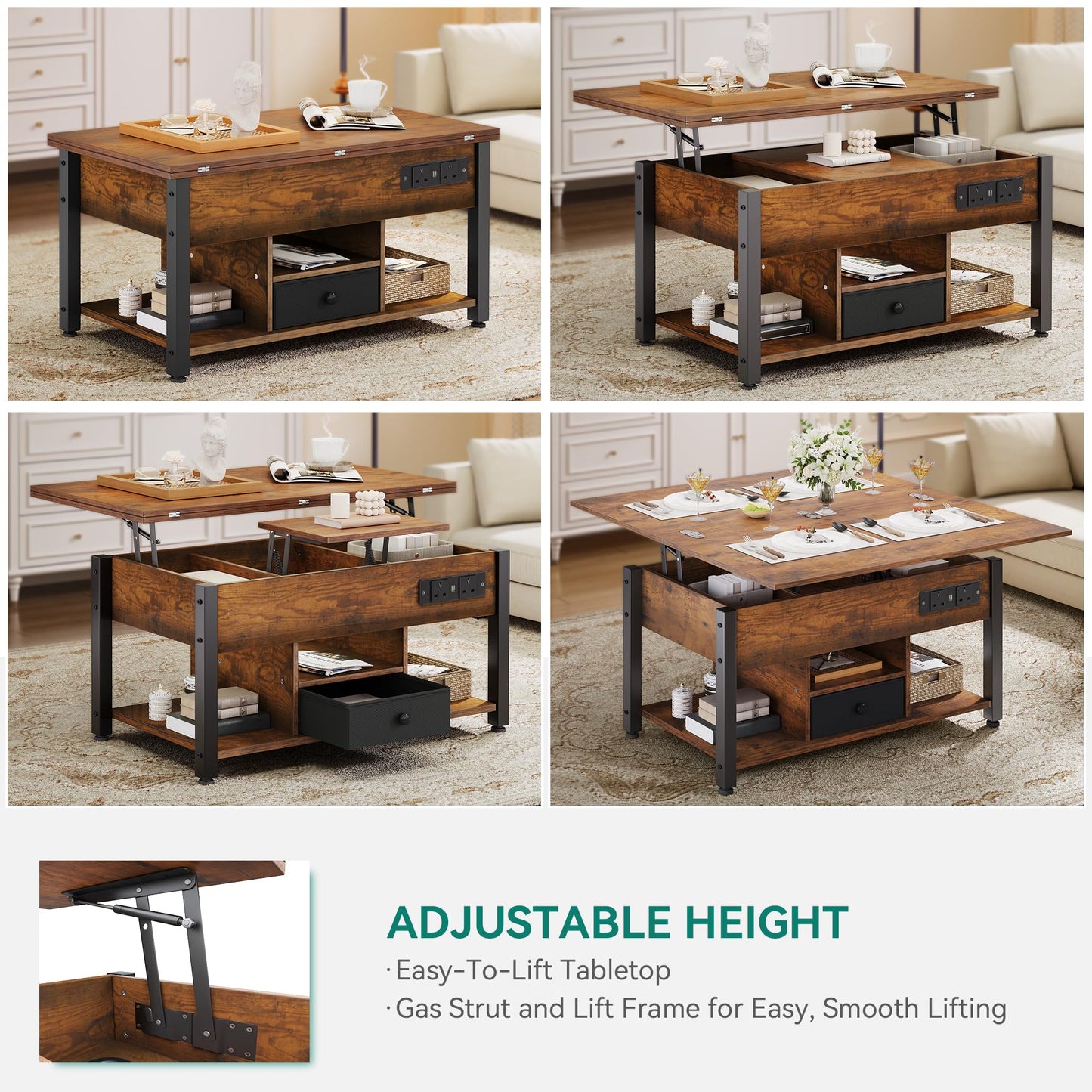 YITAHOME Folding Lift Top Coffee Table with Drawer, 4-in-1 Convertible Table with Storage Space and Type-G Outlets