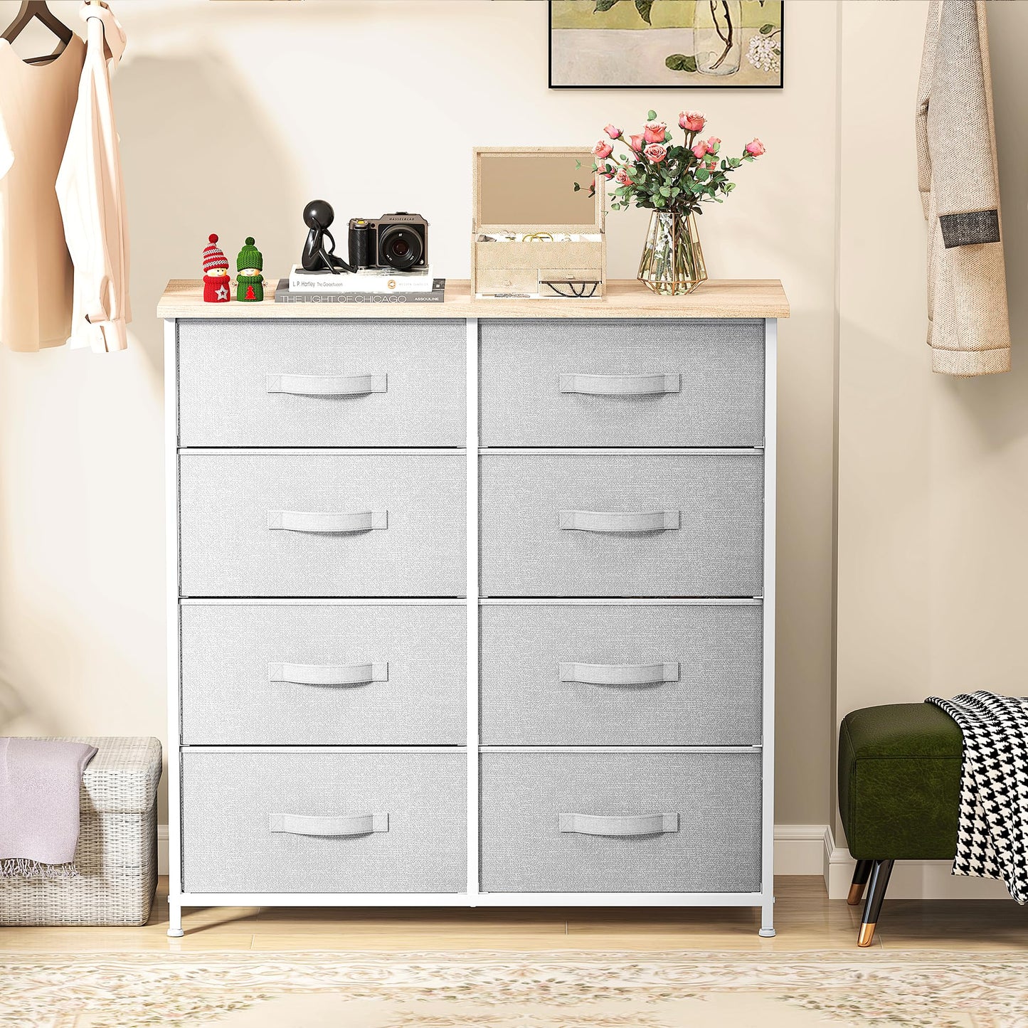 DWVO Chest of Drawers,Fabric Chest of Drawers Bedroom Cabinet with 8 Drawers,Dresser for Bedroom,Living Room With Handles,Wood Top and Sturdy Steel