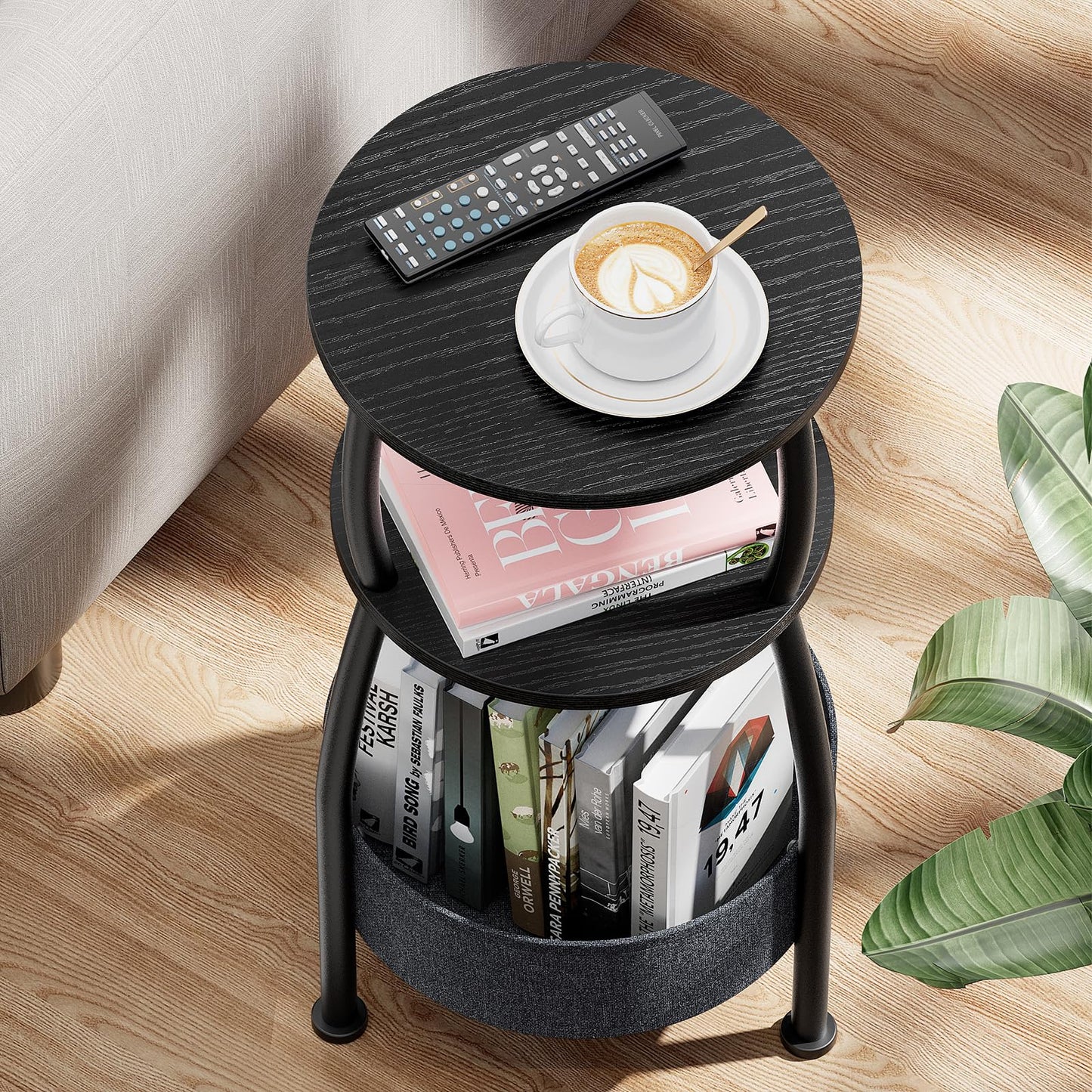 Yuede Round Side Table, 3 Tier Bedside Table, Small End Table with Fabric Basket, Coffee Table for Living Room, Bed Room, Small Space, Easy Assembly