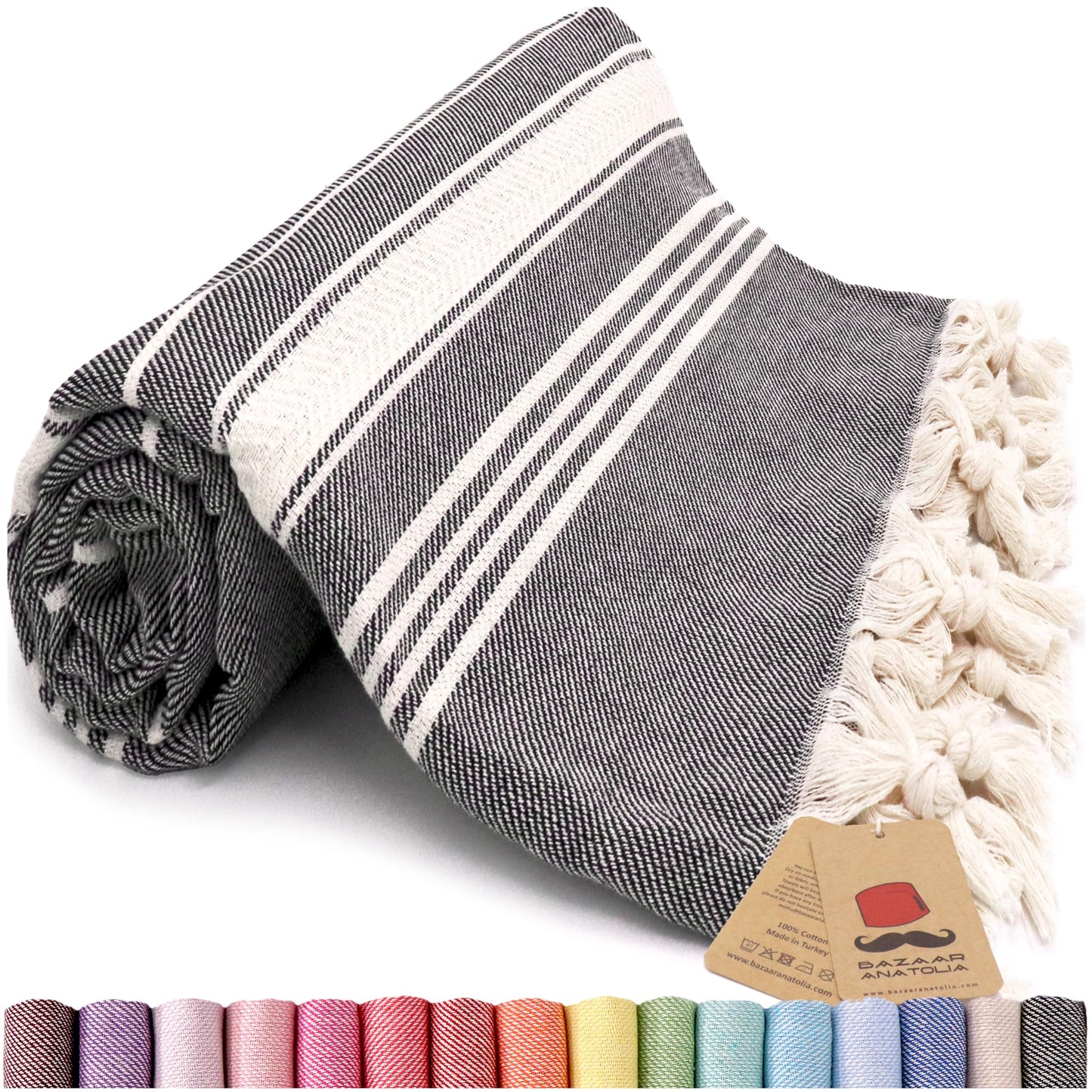 Bazaar Anatolia Stripe Turkish Towel 100% Cotton Peshtemal 75x38 XL Oversized Bath Beach Sand Free Travel Shower Bathroom Pestemal Soft Thin