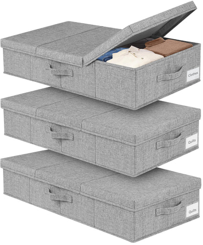 mepure 3 Pack 48L Underbed Storage, 79x40x15cm, Fabric Under Bed Storage Boxes with Lids, Large Foldable Clothes Storage Box W/Handle, Under Bed