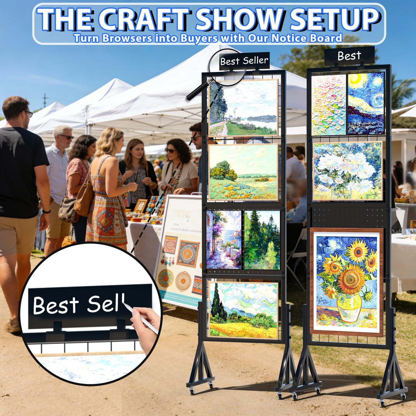 Alyoen Grid Wall Panels, Gridwall Panel Display Stand with Notice Board, Movable 5.1 x 1.4 Ft Floorstanding Wire Grid Rack