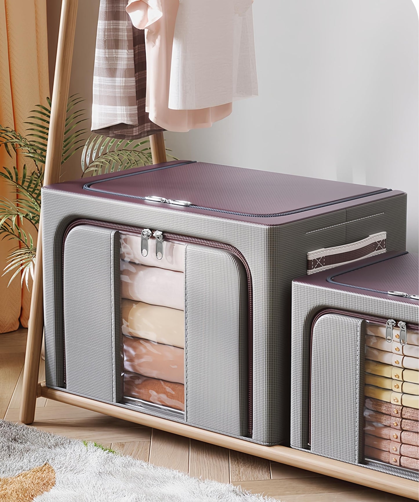 closet organizers and storage，Foldable Oxford cloth steel frame box，transparent window and handle, waterproof, can accommodate large capacity clothes