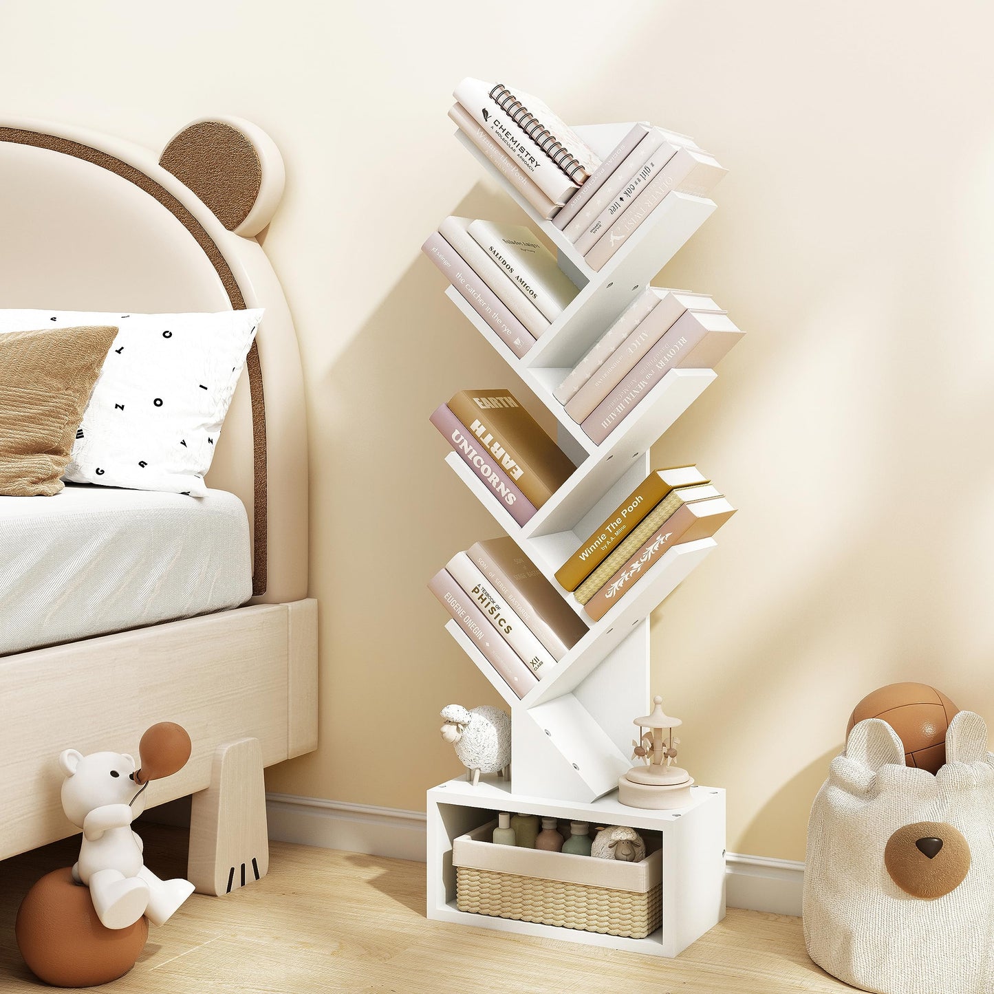 Hoctieon 6 Tier Tree Bookshelf, Tall Bookcase with Drawer, Freestanding Book Shelf, Display Floor Standing Storage Shelf