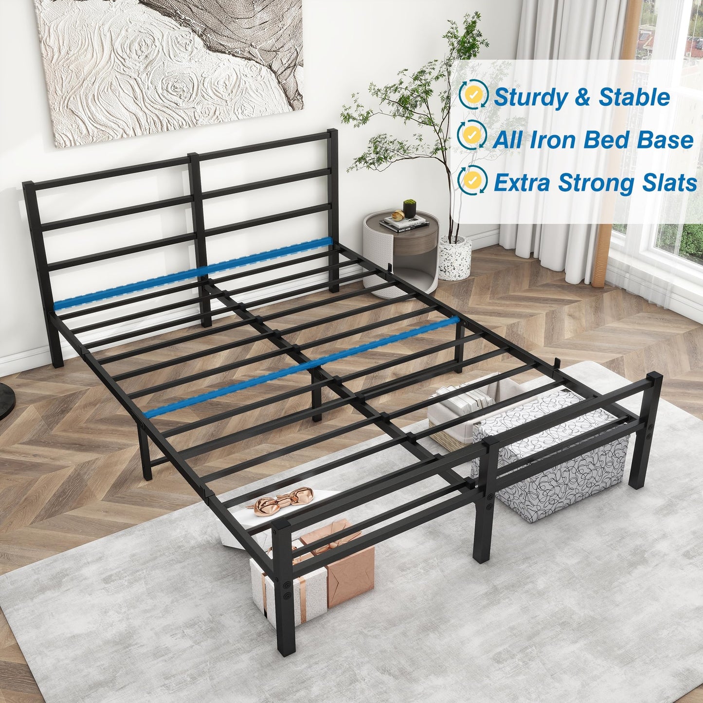 ARFARLY Metal Bed 140 x 200 cm Bed Frame with Headboard and Footboard, Adult Bed, Guest Bed, Double Bed, Black