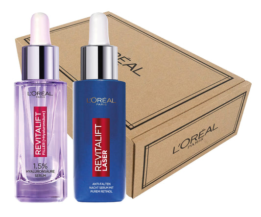 L'Or?al Skin Expert Hyaluronic Acid & Retinol Serum Duo Set, Day To Night Serum Gift Set, 2 x 30 ml