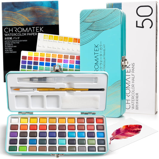 CHROMATEK Watercolour Paint Set ? 50 Vivid colours Including Transparent, Opaque & Pastel ? Art Kit with Brush, Water Pen, Palette, colour Chart,
