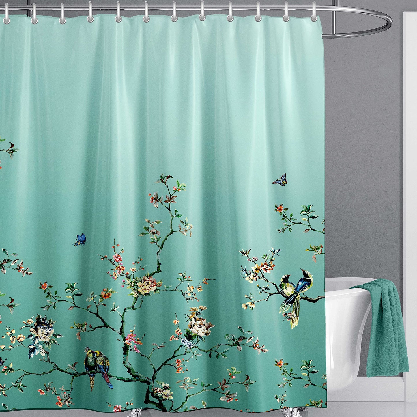LIVETTY Ombre Green Bird Extra Long Shower Curtain 180cm ? 200cm Drop Floral Butterfly Fabric Bathroom Mould Proof Spring Washable Shower Curtain With