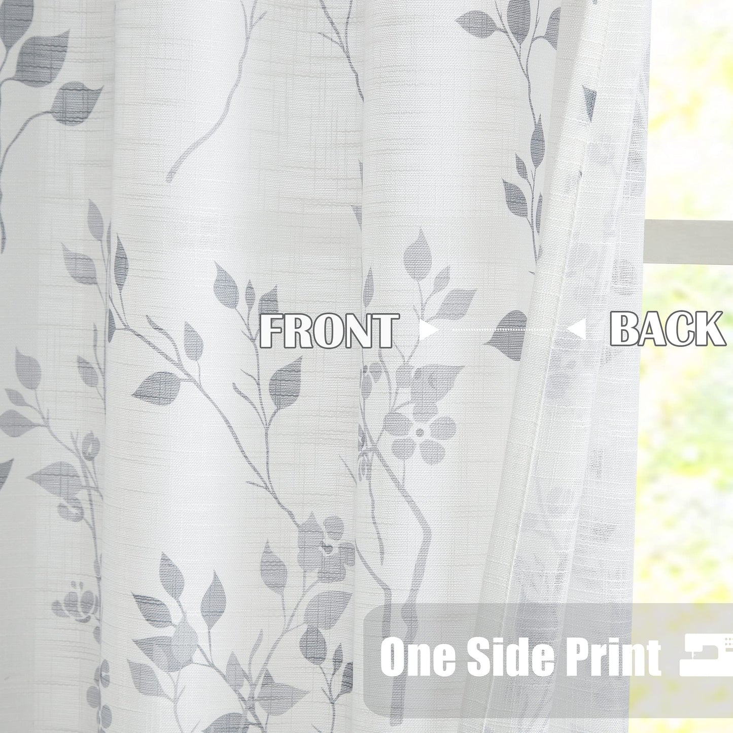 Beauoop Grey Semi Sheer Floral Curtains for Living Room 90 Drop Linen Textured Farmhouse Curtains for Bedroom Leaf Printed Eyelet Rustic Drapes Window