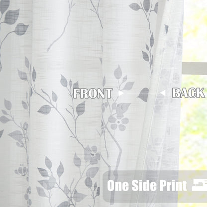 Beauoop Grey Semi Sheer Floral Curtains for Living Room 90 Drop Linen Textured Farmhouse Curtains for Bedroom Leaf Printed Eyelet Rustic Drapes Window