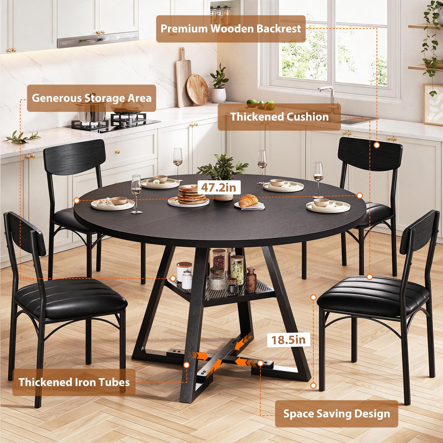Jocoevol Round Dining Table and 4 Chairs Set of 4-6, Circle Dinner Table with Shelves, Space Saving Wood Kitchen Room Furniture (Black, 47 inch)