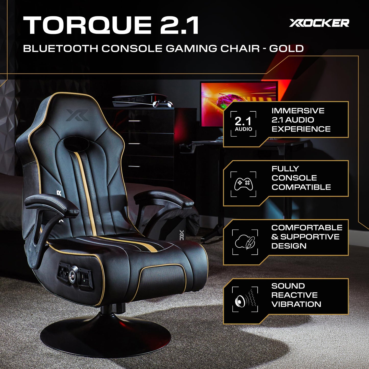 X-Rocker Torque Console Gaming Chair, 2.1 Stereo Audio Gaming Seat - Bluetooth Connectivity, Reactive Vibration, Foldable Base