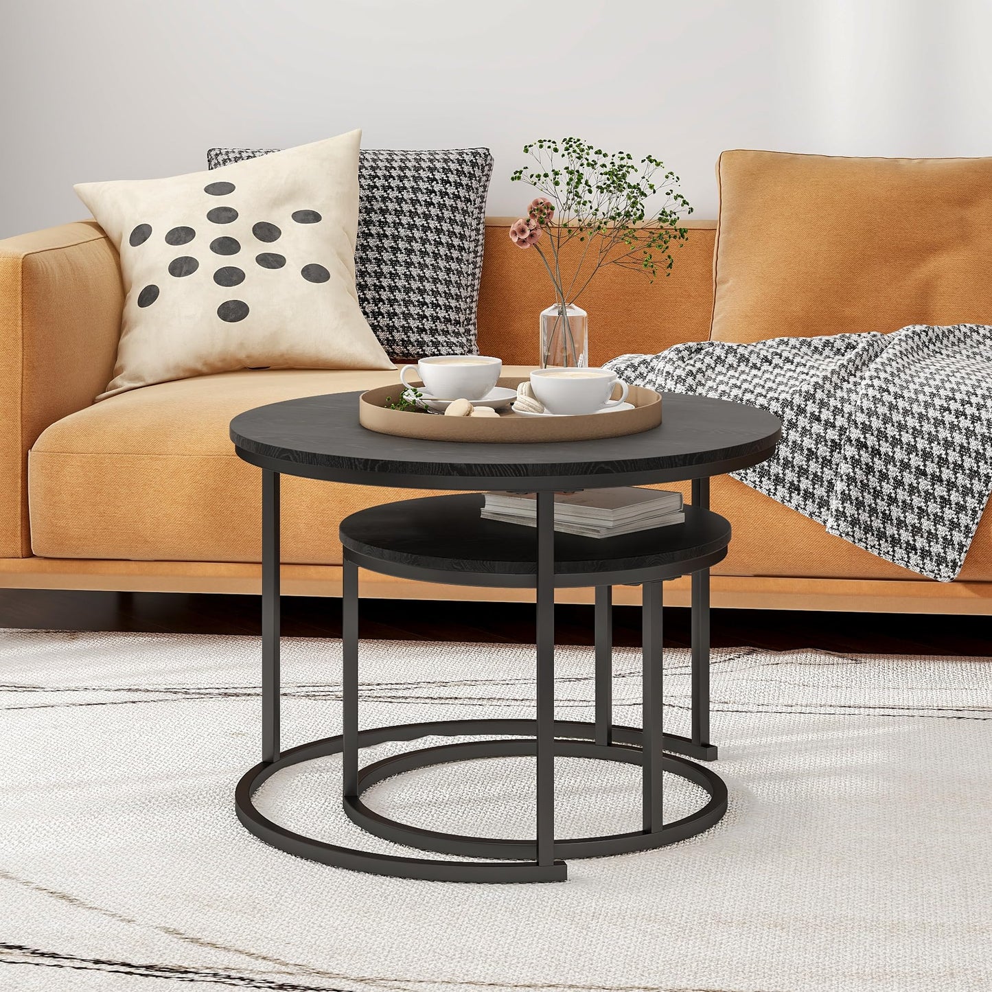 HOJINLINERO Round Coffee Table Side Table Set of 2 for Living Room,Black Coffee Table Nesting Tables Metal Frame with Wood Look,Sturdy and Easy