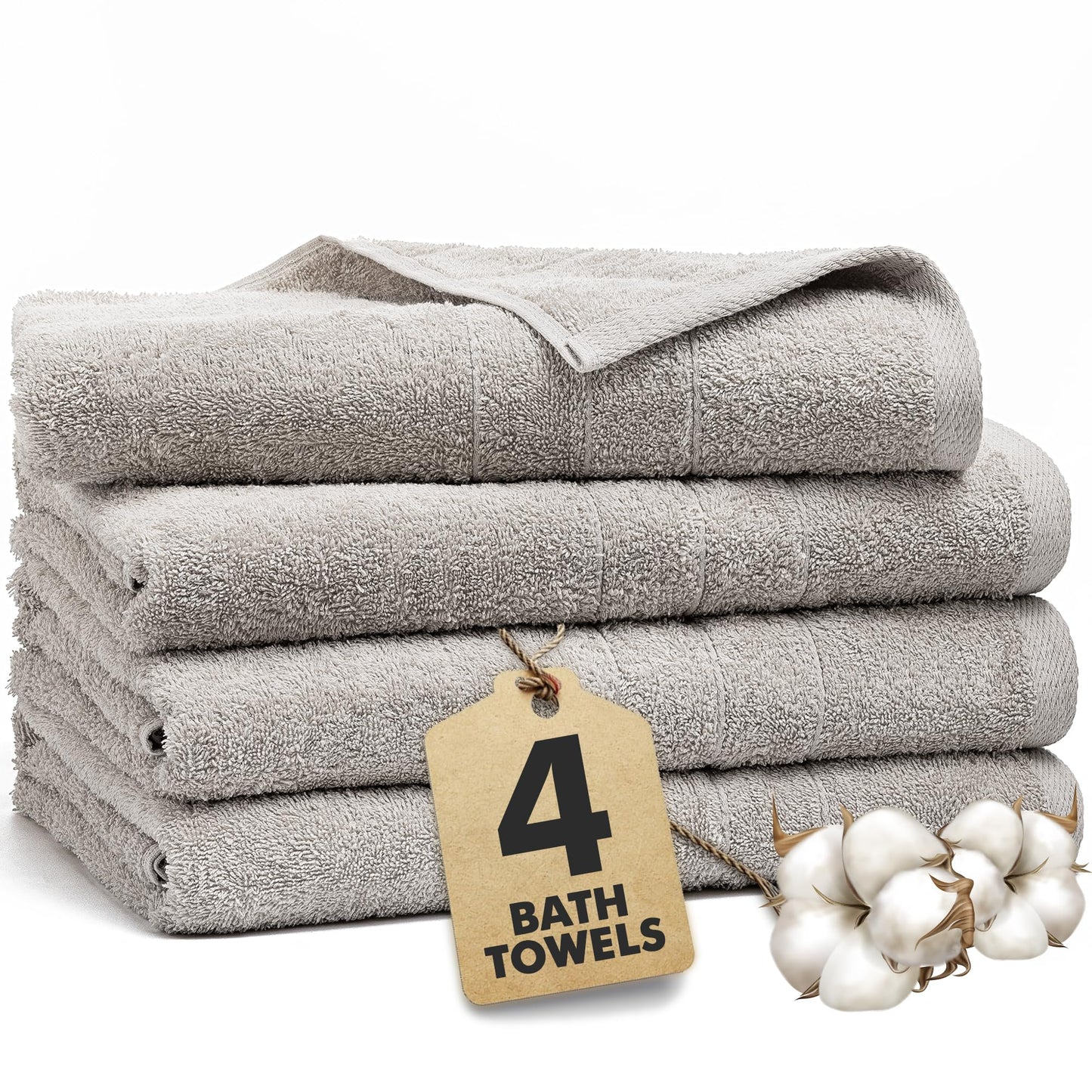 Novo Home Bath Towels Set of 4 – 550 GSM 100% Cotton Light Grey Extra Large Towels for Bathroom, Spa Use (70x140 cm)