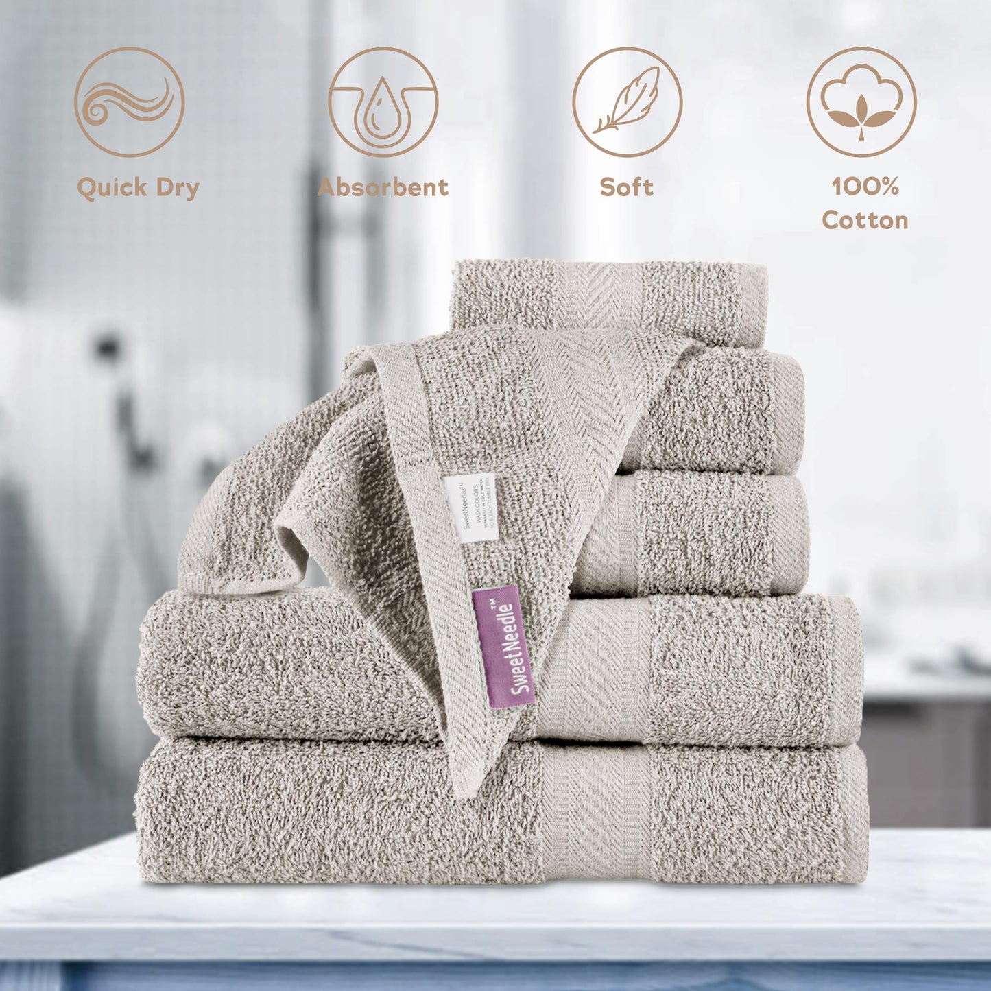 SweetNeedle 6 Piece Towel Set - 2 Bath Towels, 2 Hand Towels and 2 Washcloths Cotton Daily Use Hotel Spa Quality Soft Highly Absorbent Quick Dry