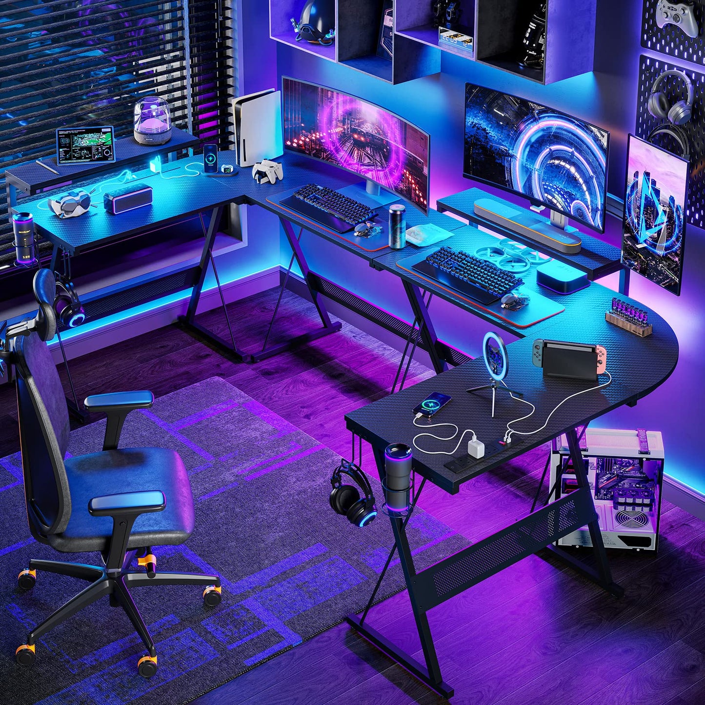 Bestier L Shaped Gaming Desk Computer Desk with LED Lights Monitor Stand 130CM Corner Desk with Cup Holder Headset Hook Ergonomic for Home Office