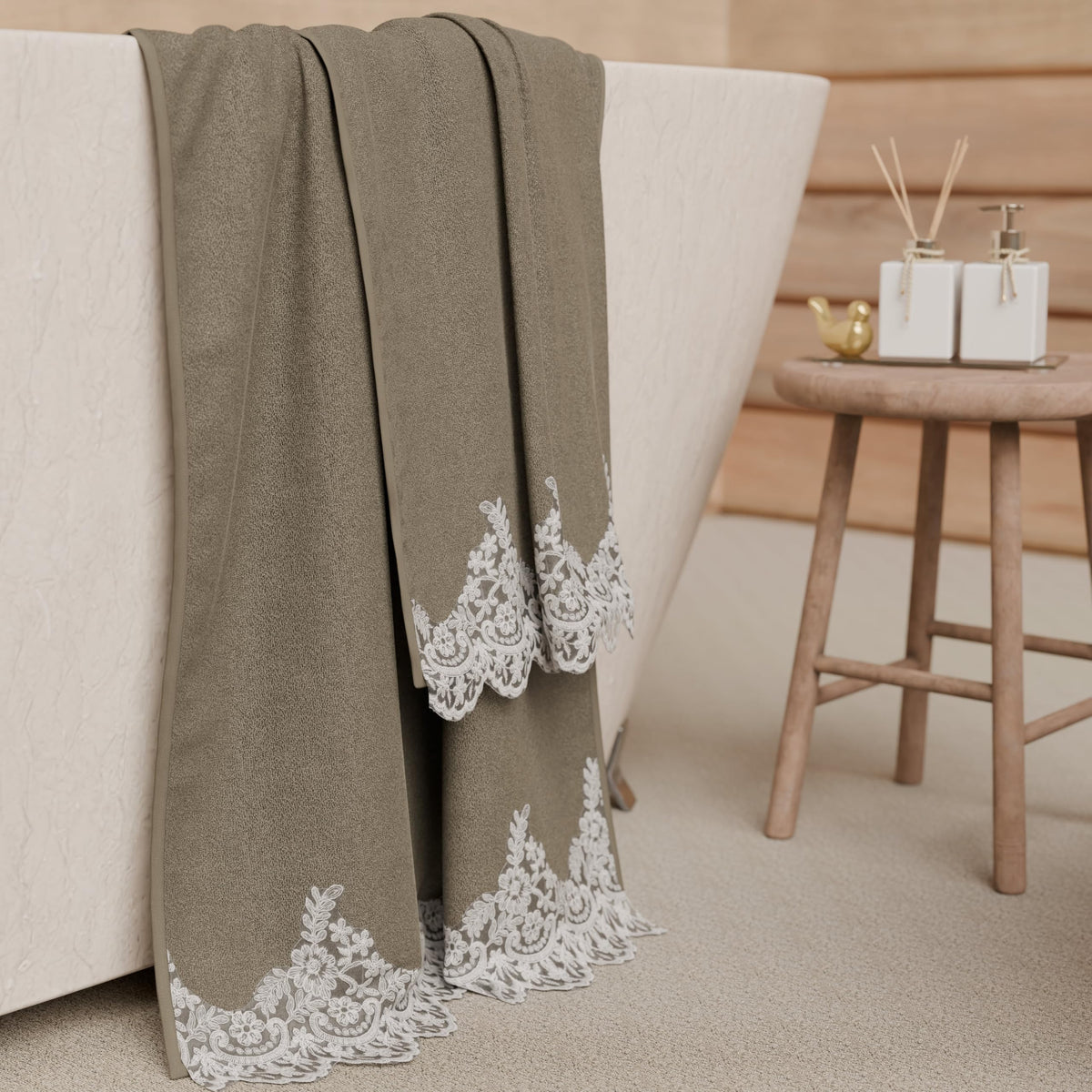 PETTI Artigiani Italiani - 100% Cotton Terry Bath Towels, 1+1 Towel Set, 2 Pieces 1 Face Towel and 1 Hand Towel, Mud