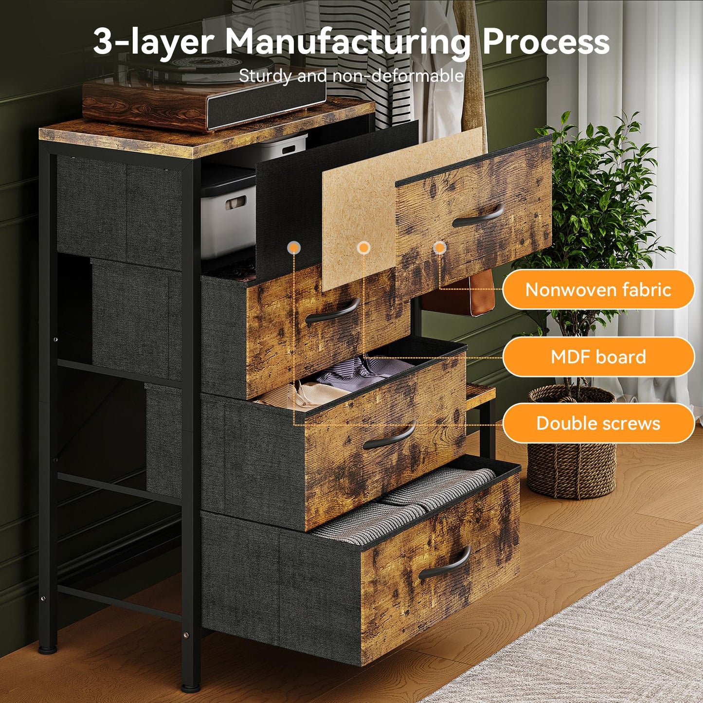 ODK 3 in 1 Chest of Drawers Bedroom, 4 Fabric Drawers, Retro color