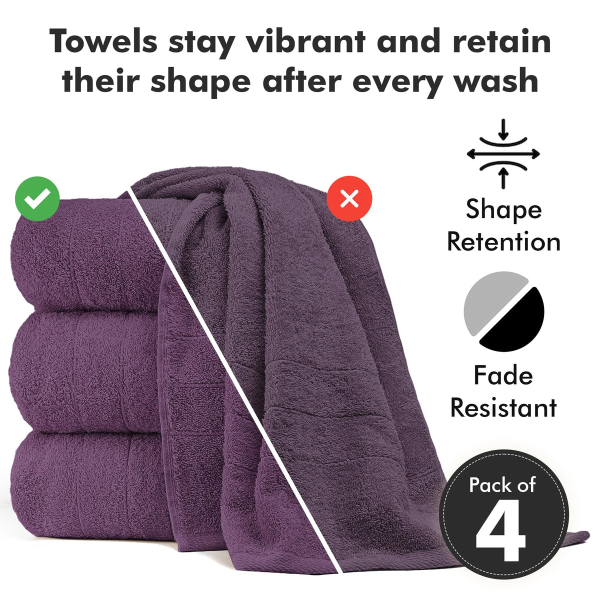Novo Home Bath Towels Set of 4 – 550 GSM 100% Cotton Dark Purple Extra Large Towels for Bathroom, Spa Use 70x140 cm