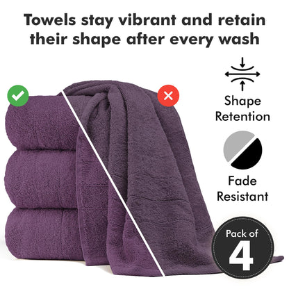 Novo Home Bath Towels Set of 4 – 550 GSM 100% Cotton Dark Purple Extra Large Towels for Bathroom, Spa Use 70x140 cm