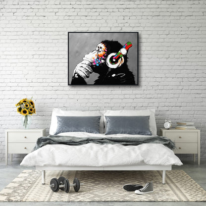 Wieco Art Large Black Framed Monkey With Headphones Banksy Graffiti Art Abstract Canvas Painting for Home Decor Canvas Wall Art for Living Room