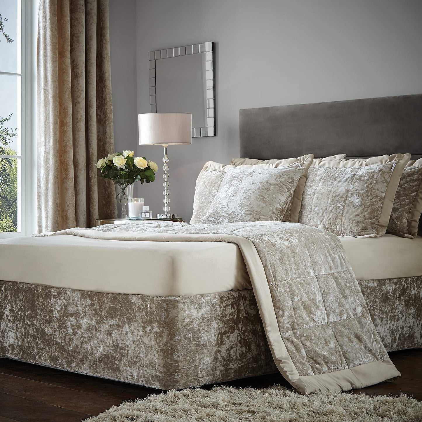 Catherine Lansfield Crushed Velvet King Divan Base Wrap Natural BD/46254/W/BWRAPK/NT