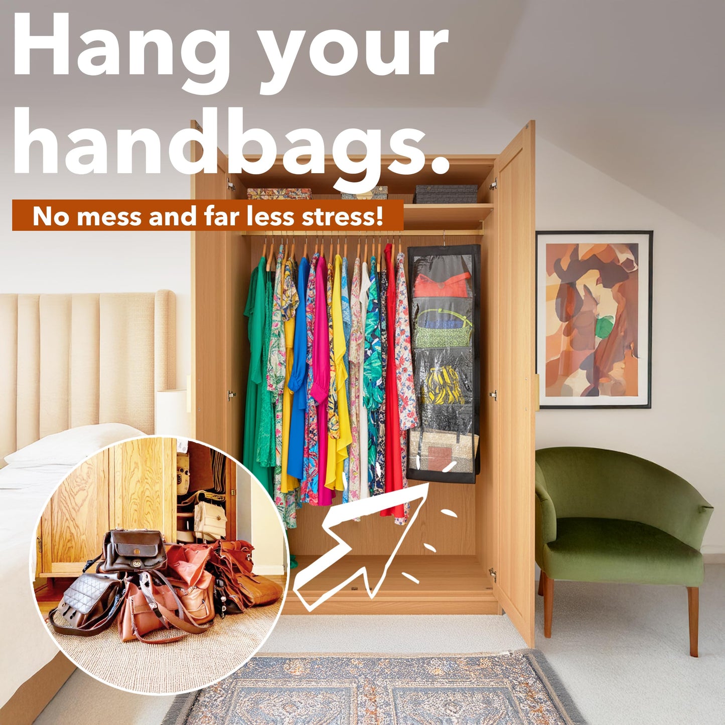 unel Hanging Handbag Storage Organiser (2 Pack), Each Hanger Holds 8 Bags for Wardrobes, Space Saving & Washable