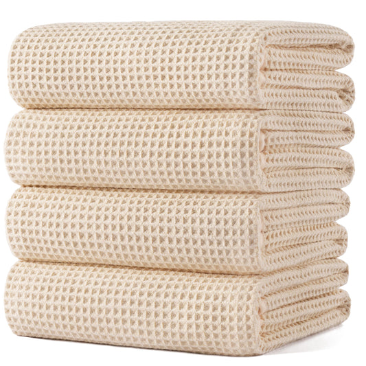 POLYTE 430 gsm Microfibre Oversize Quick Dry Lint Free Bath Towel, 152 x 76 cm, 4 Pack (Beige, Waffle Weave)