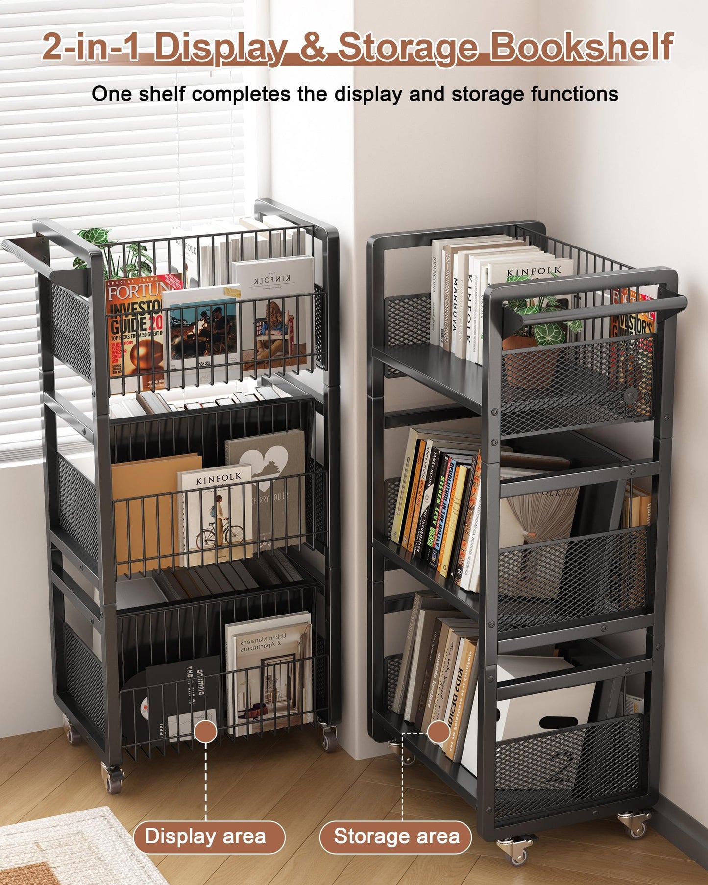Ornestia Book Trolley,Mobile Bookshelf Organiser with Lockable Wheels,Black