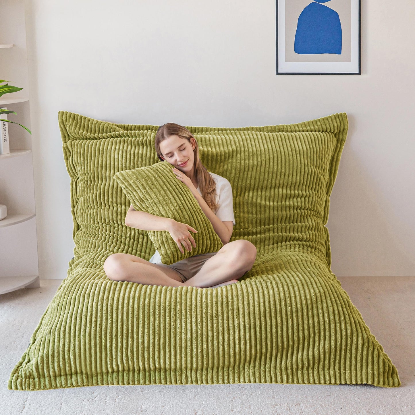 MAXYOYO Giant Bean Bag with Pillow, Soft Corduroy Removable Cover, Large Floor Cushion with Fluffy Foam Filling, BeanBag Chair for Adults & Kids