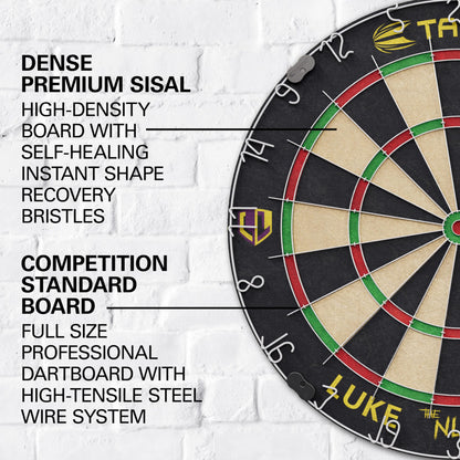 Target Darts Luke Littler Dartboard Set | Player Edition ?The Nuke? Dart Board Set with 2 Sets of Steel Tip Darts, Competition Standard Throw Line |