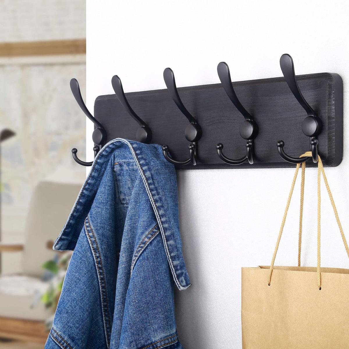 SKOLOO Coat Rack Wall Mounted - Pack of 2, Wooden, Heavy Duty, Rustic Coat Hooks for Wall, 16'' Hole to Hole