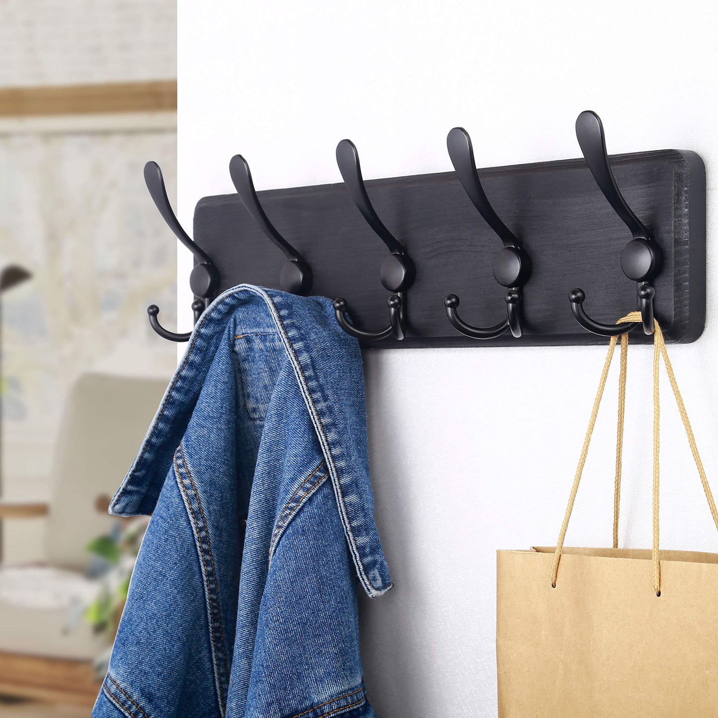 SKOLOO Coat Rack Wall Mounted - Wooden, Heavy Duty, Rustic Coat Hooks for Wall, 16'' Hole to Hole