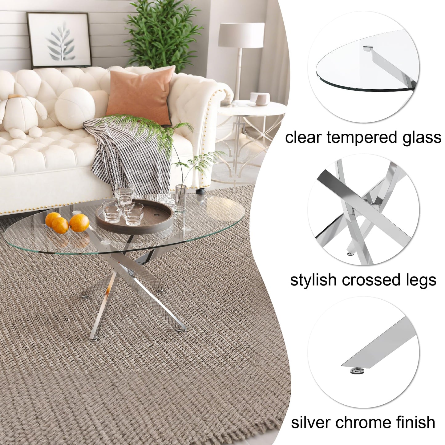 GOLDFAN Oval Glass Coffee Table with Chrome Crossed Legs, Modern Clear Tempered Glass Centre Table for Living Room, Office or Apartment