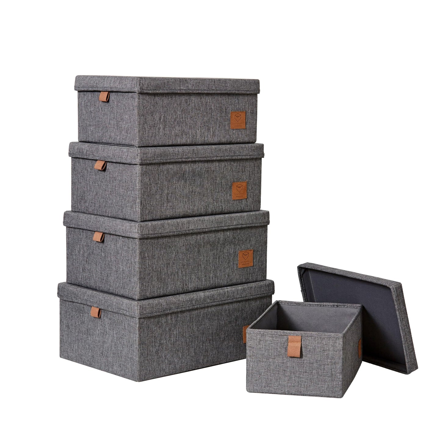 LOVE IT STORE IT Premium Storage Box with Lid Fabric 5 Pieces - Linen Stacking Boxes - Reinforced with Cardboard - Grey - Set of 5, Various Sizes