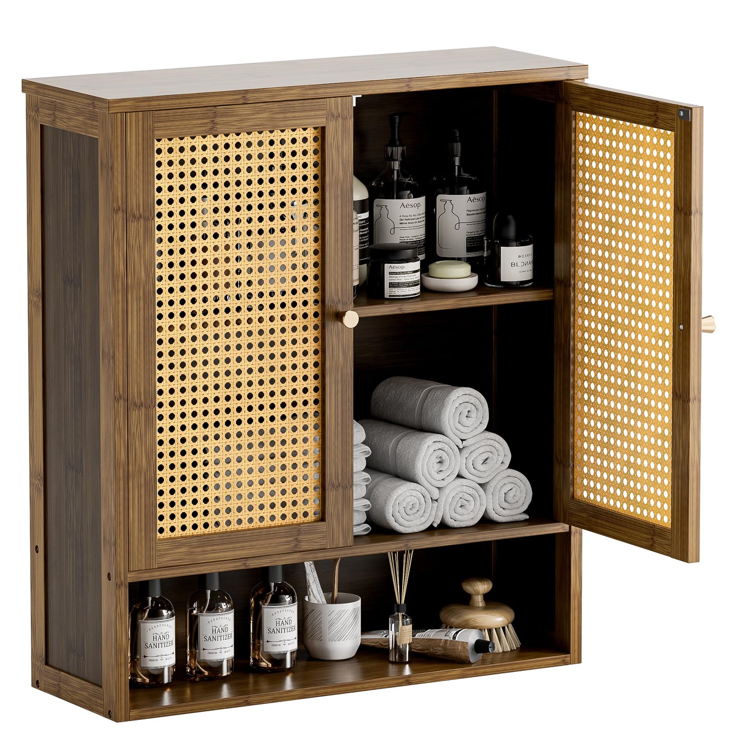 HITNET Bathroom Cabinet Wall Mount, Rattan Medicine Cabinet with Shelves and Doors, Bamboo Hanging Storage Organizer Over Toilet Space Saving, Walnut