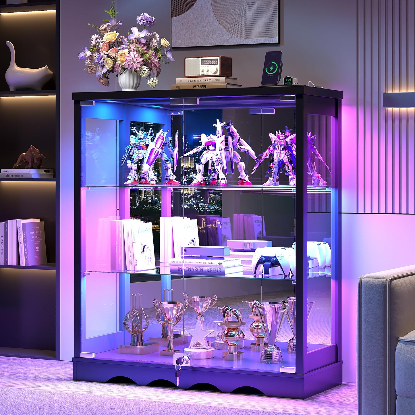 FREDEES RGB Display Cabinet with Glass Doors for Living Room, Black