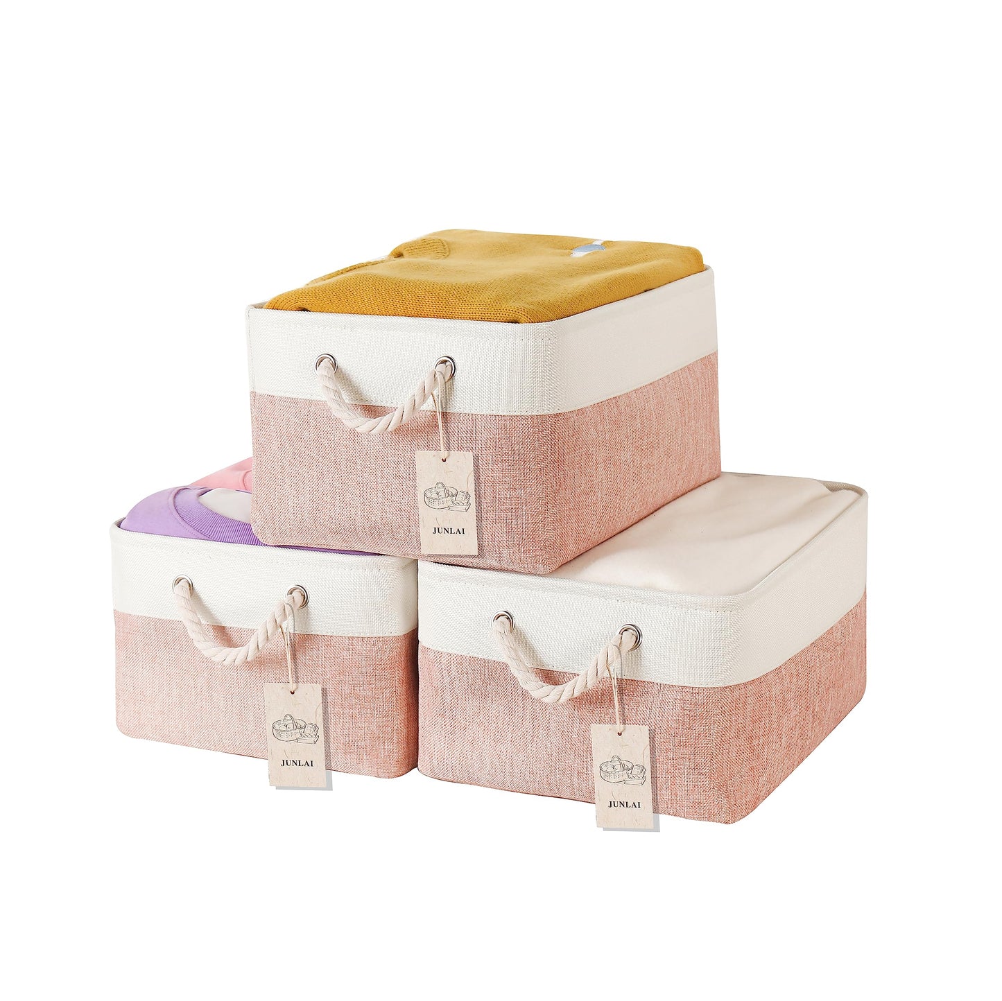 JUNLAI 3 Pcs Storage Baskets with Handles, Foldable Storage Boxes, Fabric Wardrobe Storage Basket for Office & Home, Book, Clothes