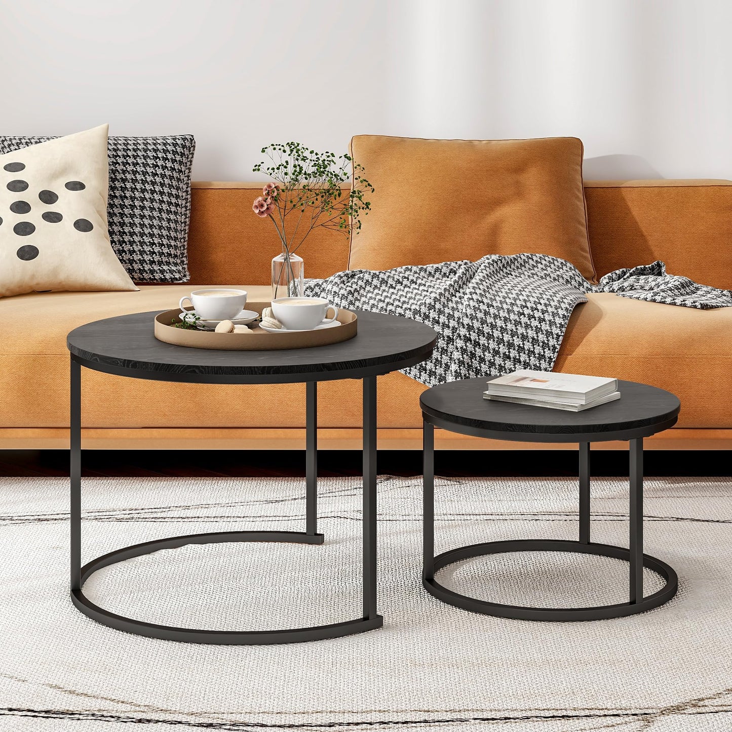 HOJINLINERO Round Coffee Table Side Table Set of 2 for Living Room,Black Coffee Table Nesting Tables Metal Frame with Wood Look,Sturdy and Easy