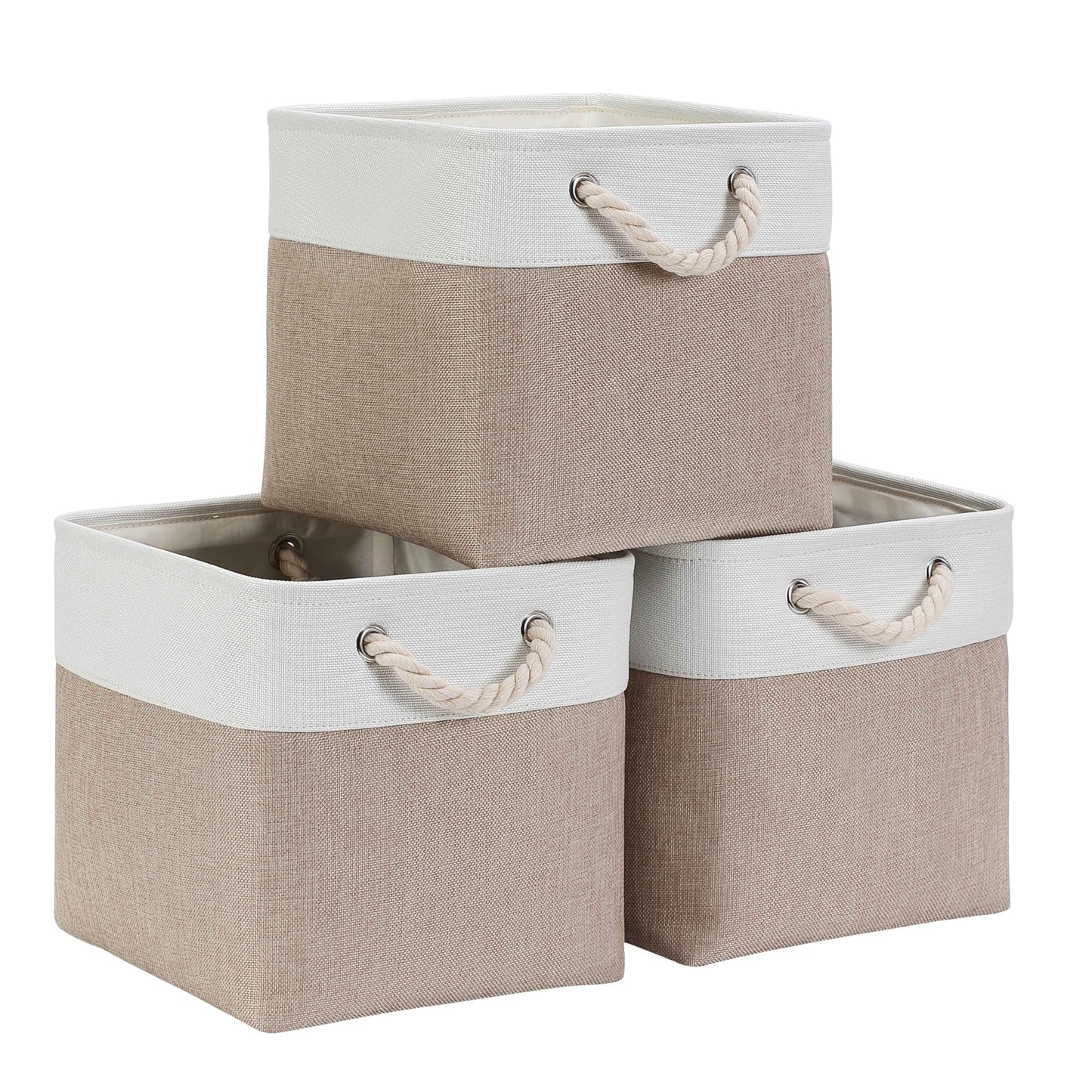 Mangata Cube Storage Boxes 28x28x28cm, Fabric Storage Basket for Cupboards, Shelves, Closet, Light Khaki White?Collapsible, 3 Pack?