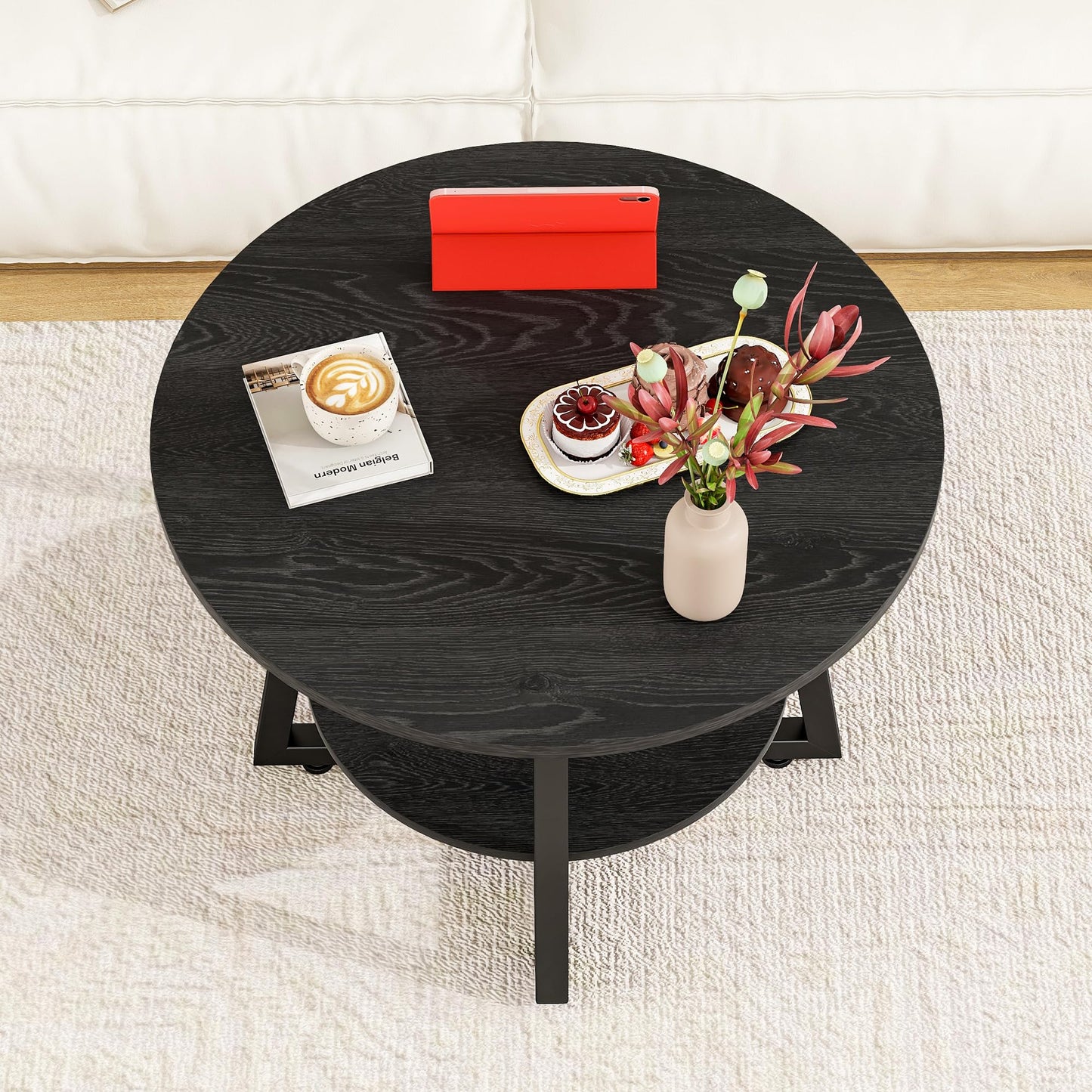 FOUBAM Round Coffee Table with Storage,Metal Small Coffee Table,Black