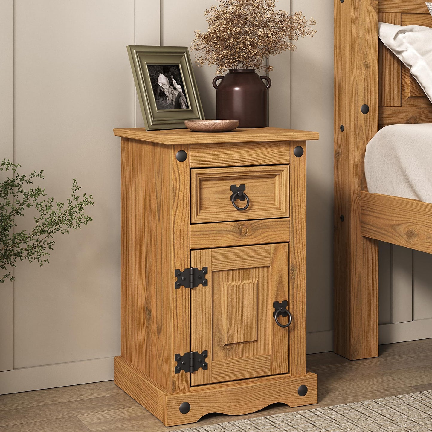 Corona Bedside Table 1 Door 1 Drawer Cabinet Pot Cupboard Lamp End Side Table Lounge Living Room Mexican Solid Pine Wax Finish
