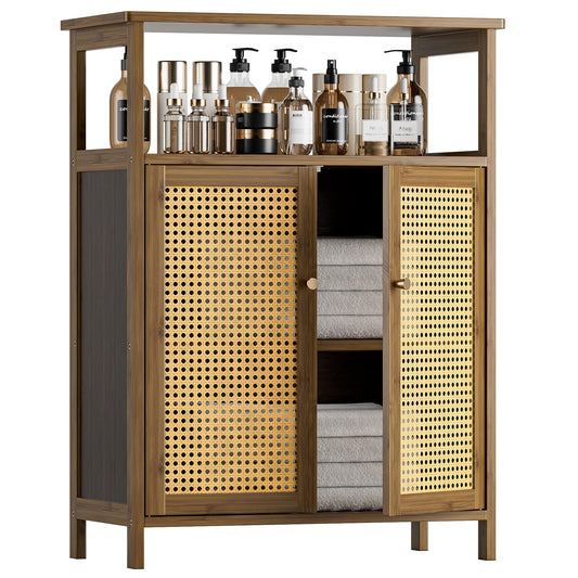 HITNET Rattan Bathroom Floor Cabinet, Bamboo Storage Cupboard with 2 Doors, Freestanding Living Room Sideboard, Space Saving Entryway Storage Unit,