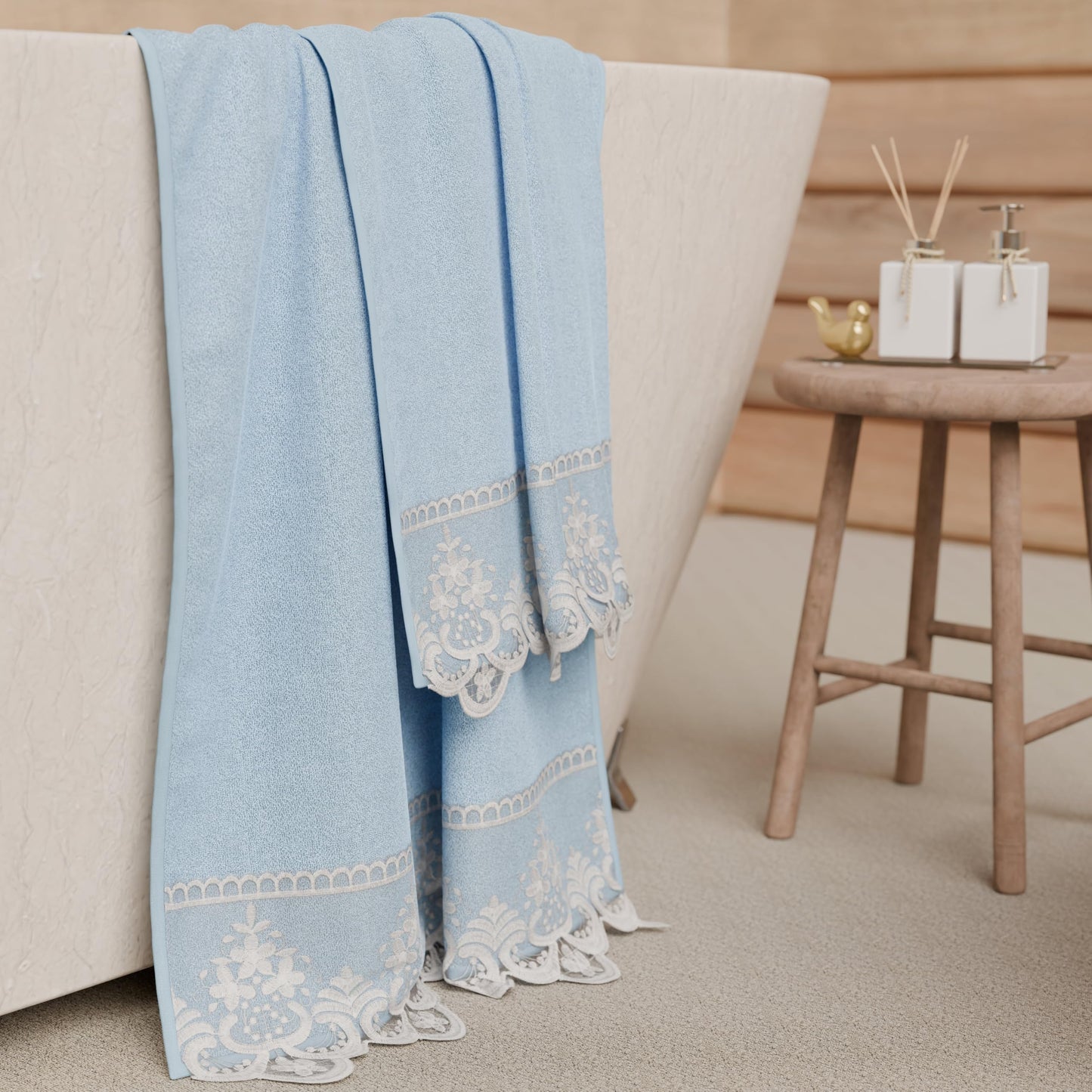PETTI Artigiani Italiani - 100% Cotton Terry Bath Towels, 1+1 Towel Set, 2 Pieces 1 Face Towel and 1 Hand Towel, Light Blue