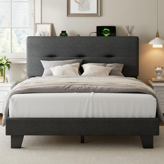 Feonase Double Bed Frame with Charging Station, Linen Upholstered Platform Bed Frame Double Beds with Storage Headboard, Wooden Slat Support, Noise