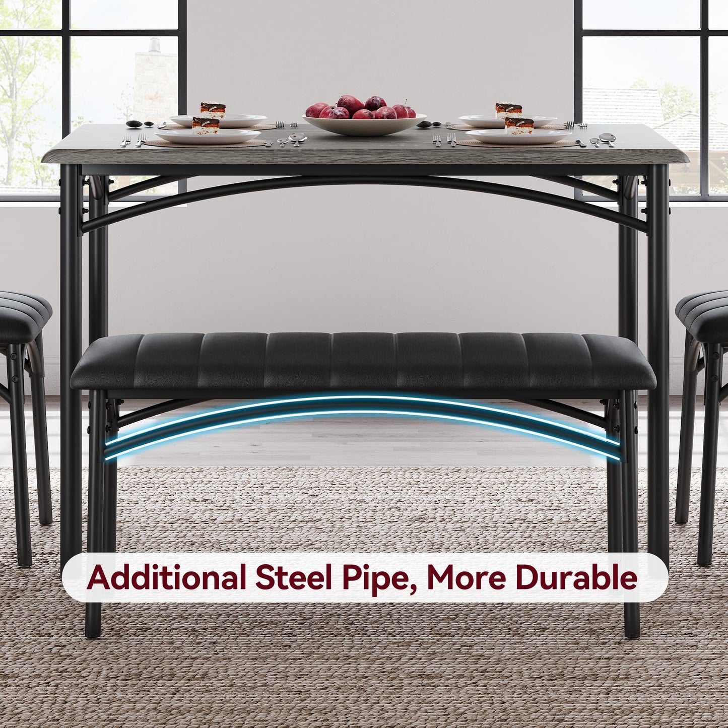 Lidzopas Dining Table Set Upholstered Chairs & Bench, Compact Space-Saving, Industrial Rustic Metal Frame, Sturdy Durable