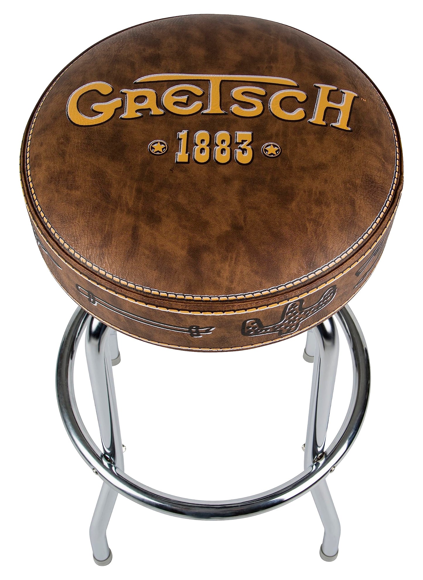 Gretsch "1883" Barstool, Perfect for Guitar Players and Fans, Matte Yellow Gretsch Logo Barstool, Foam Padded, 30", Brown